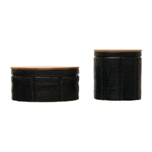 black canisters with bamboo lid